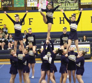 The Ovid-Elsie cheer team competed at the district competition on February 15. They placed first out of many great teams and advanced to Regionals held at Oxford.