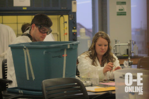 Juniors Clayton Alaga and Rebecca Thompson prepare for a Science Olympiad competition. | Photo by Molly Maynard
